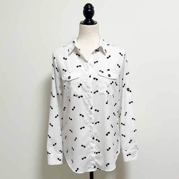 Karl Lagerfeld White Black Sunglasses Roll Tab Sleeve Button Up Collar Blouse XS - Picture 4 of 15